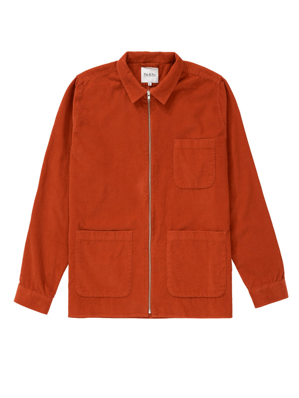 Cord Zip-Up Overshirt - Rust Orange