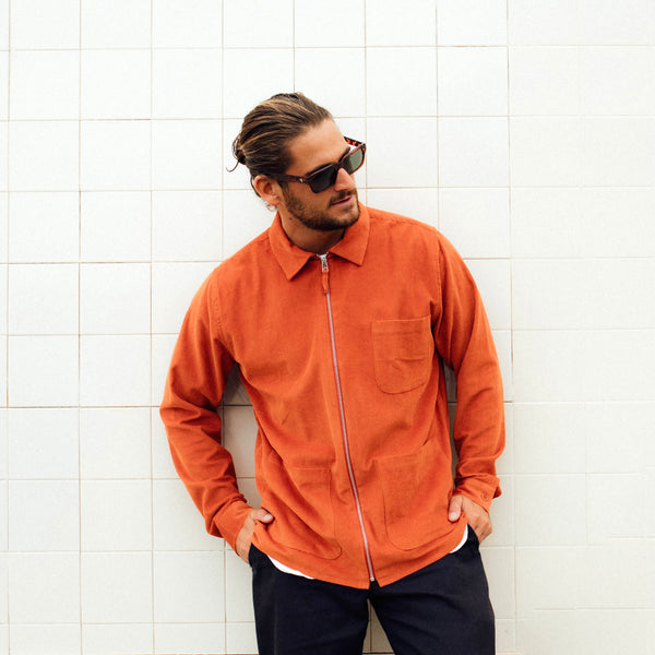 Cord Zip-Up Overshirt - Rust Orange