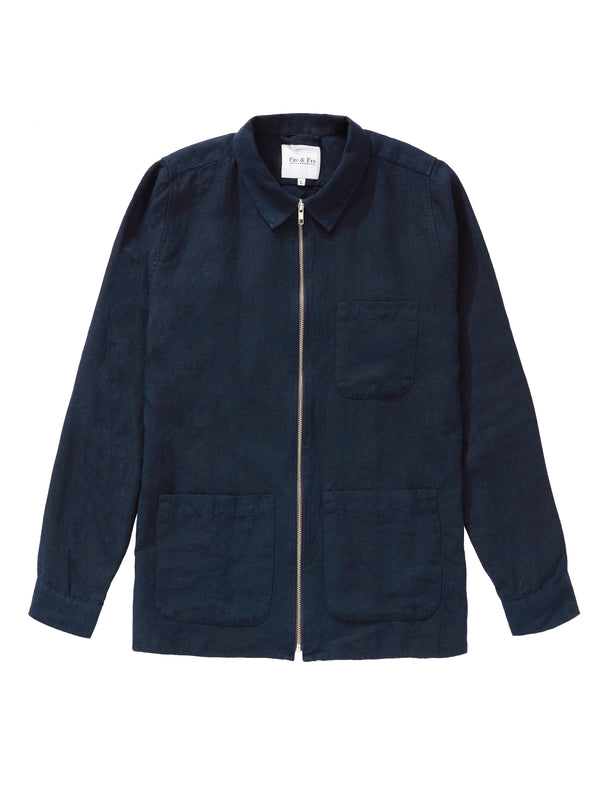 Navy Blue Linen Zip-Up Overshirt - Fitz & Fro