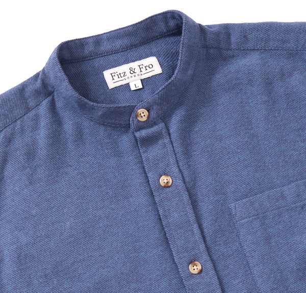 Brushed Organic Cotton Collarless Shirt - Blue