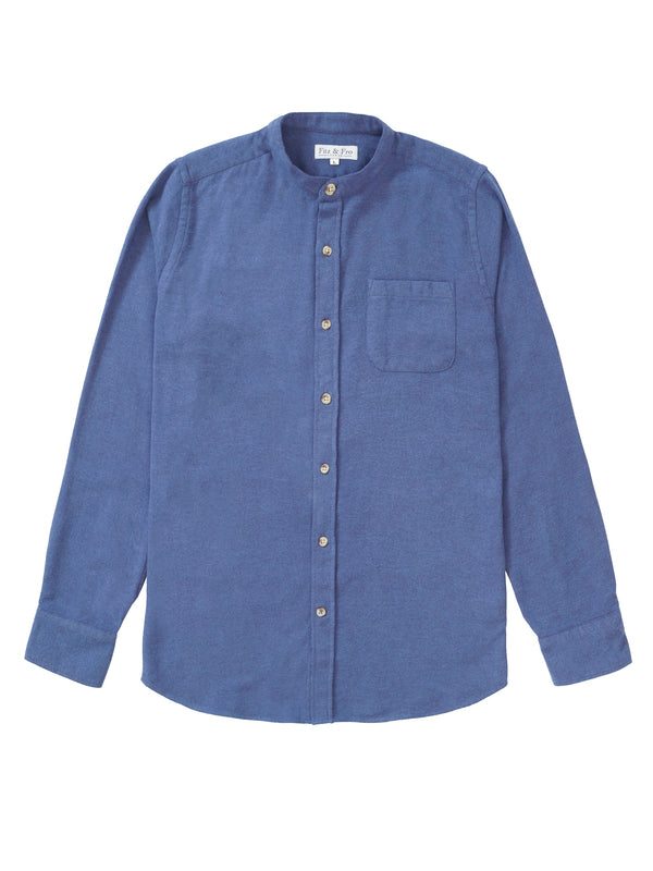 Brushed Organic Cotton Collarless Shirt - Blue