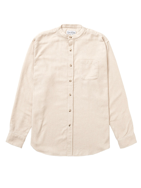 Brushed Organic Cotton Collarless Shirt - Ecru