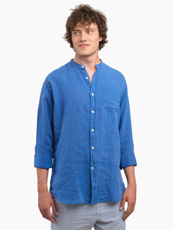 100% Linen Collarless Shirt - ‘The Miles’ Blue
