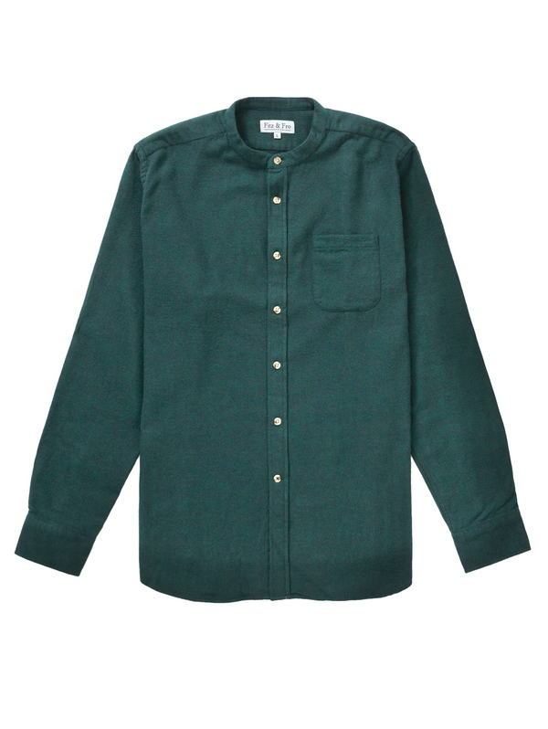 Brushed Organic Cotton Collarless Shirt - Dark Green