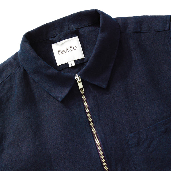 Navy Blue Linen Zip-Up Overshirt - Fitz & Fro