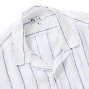 100% Linen Cuban Collar Shirt - Blue/White Wide Stripe