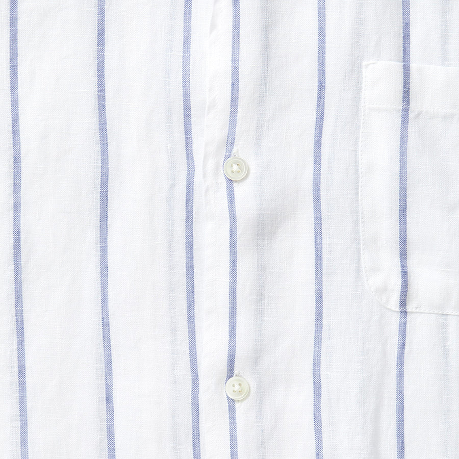100% Linen Cuban Collar Shirt - Blue/White Wide Stripe