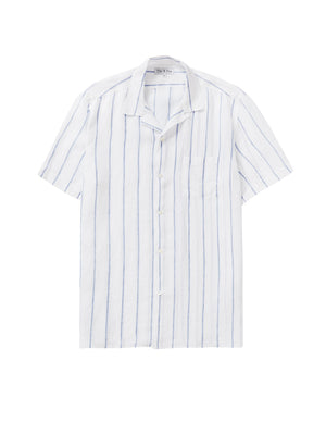 100% Linen Cuban Collar Shirt - Blue/White Wide Stripe