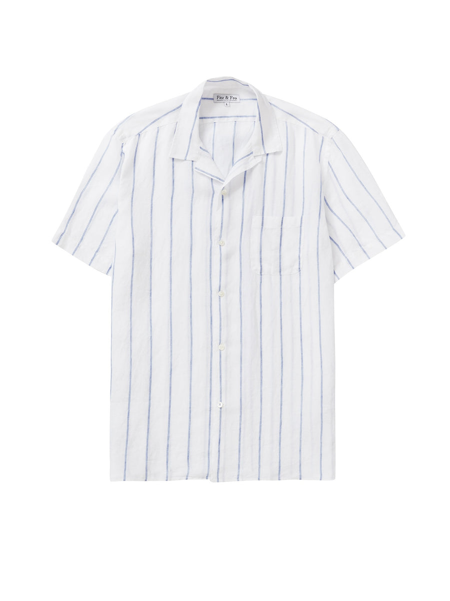 100% Linen Cuban Collar Shirt - Blue/White Wide Stripe