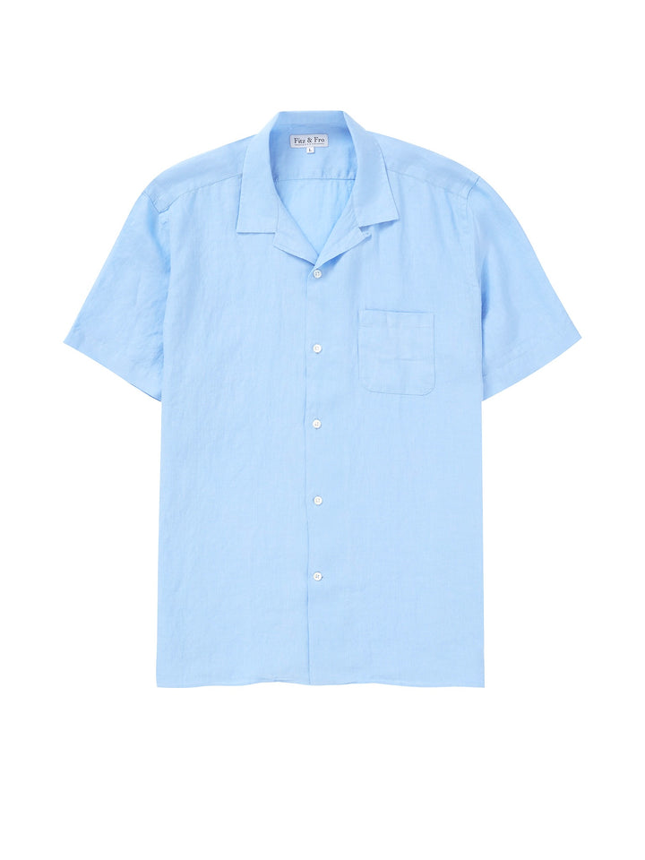 100% Linen Cuban Collar Shirt - Cool Blue