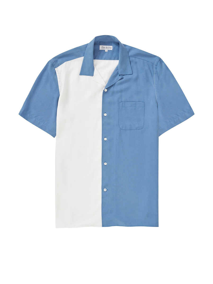 Tencel Cuban Collar Shirt - Dusty Blue & White