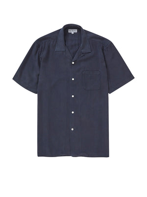 Tencel Cuban Collar Shirt - Navy Blue