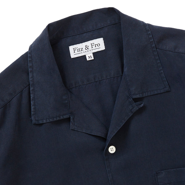 Tencel Cuban Long Sleeve Shirt - Navy Blue