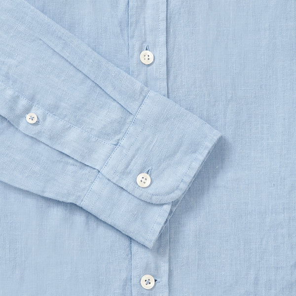 100% Linen Collarless Shirt - Cool Blue