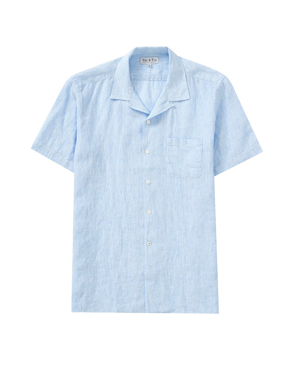 100% Linen Cuban Collar Shirt - Blue/White Stripe