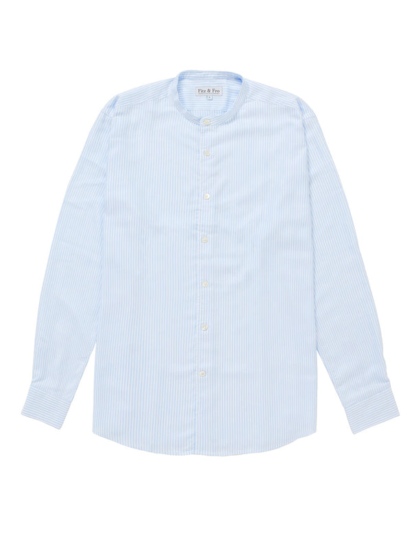 Tencel Collarless Shirt - Blue & White Stripe