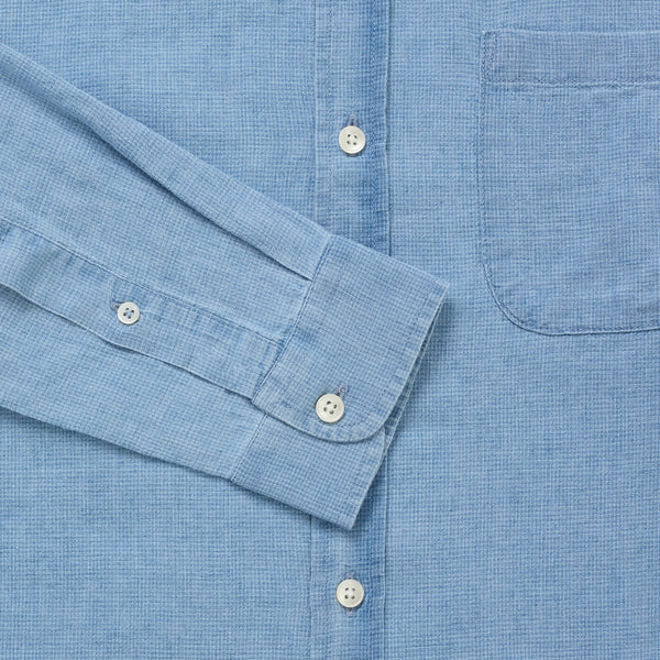 Denim/Linen Collarless Shirt - Blue Houndstooth