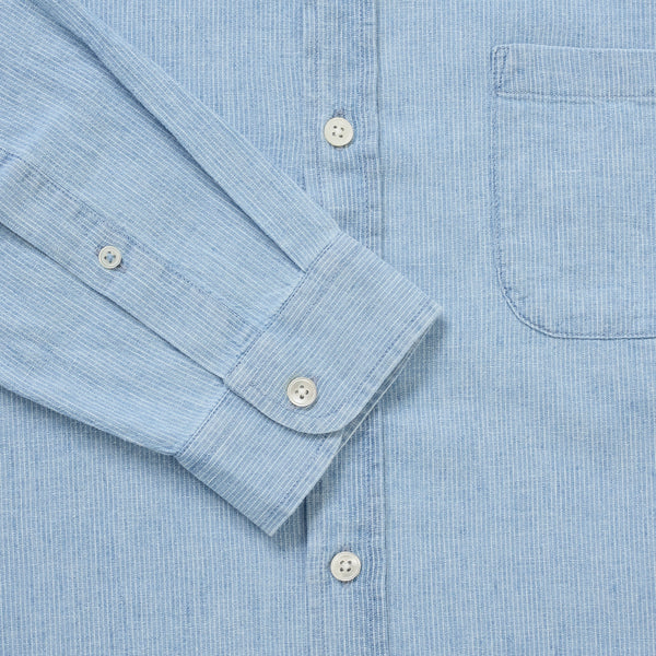 Denim/Linen Collarless Shirt - Blue Stripe