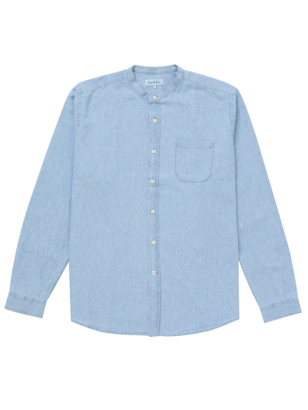 Denim/Linen Collarless Shirt - Blue Stripe