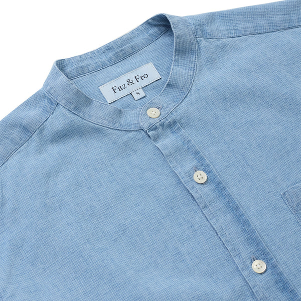 Denim/Linen Collarless Shirt - Blue Houndstooth