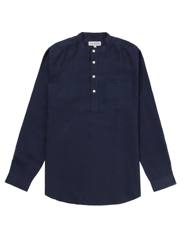 100% Linen Popover Shirt - Navy Blue