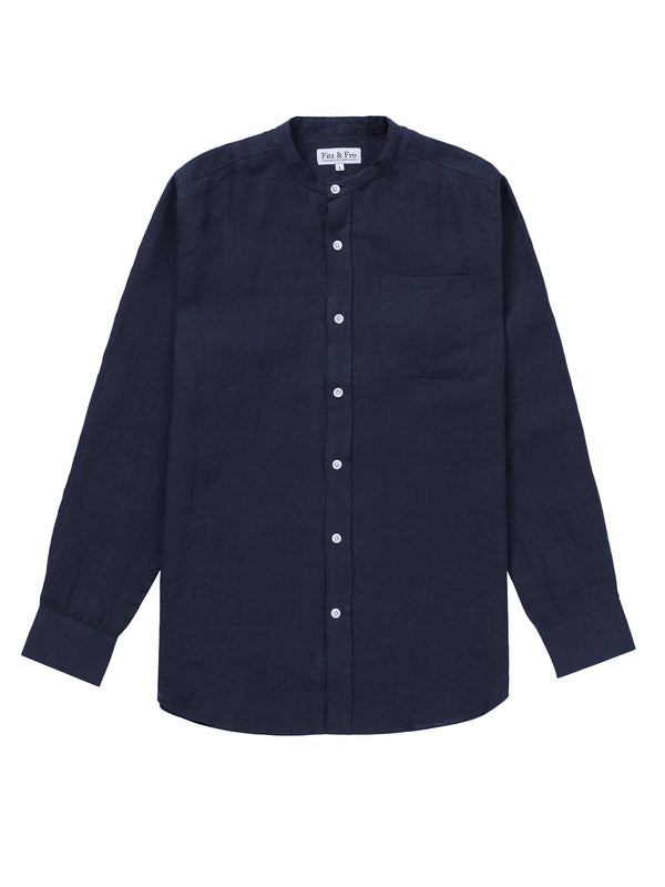 100% Linen Collarless Shirt - Navy Blue