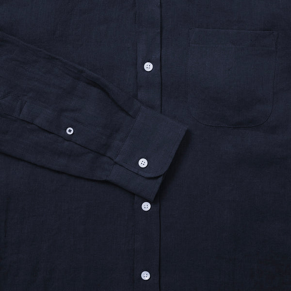 100% Linen Collarless Shirt - Navy Blue