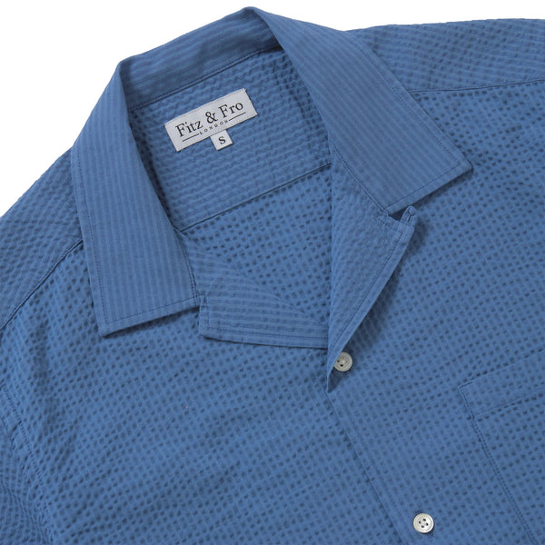 Seersucker Cuban Collar Shirt - Steel Blue