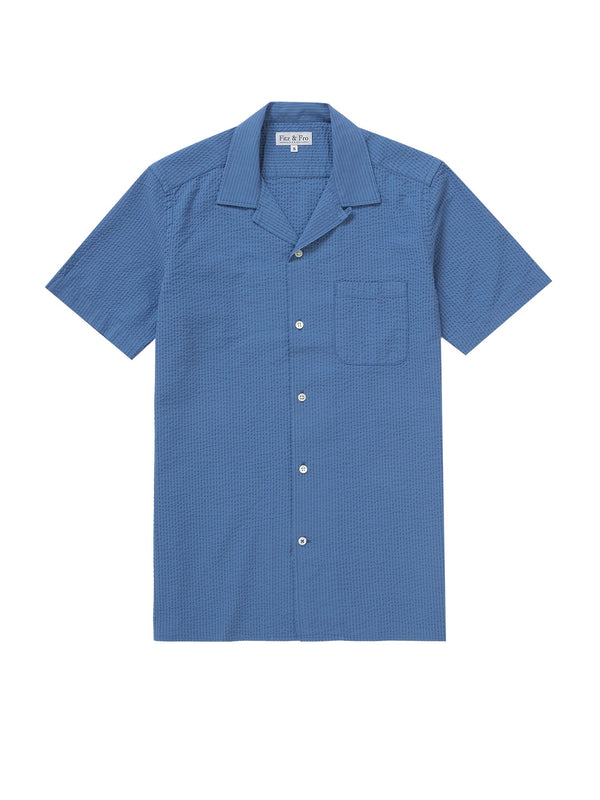 Seersucker Cuban Collar Shirt - Steel Blue