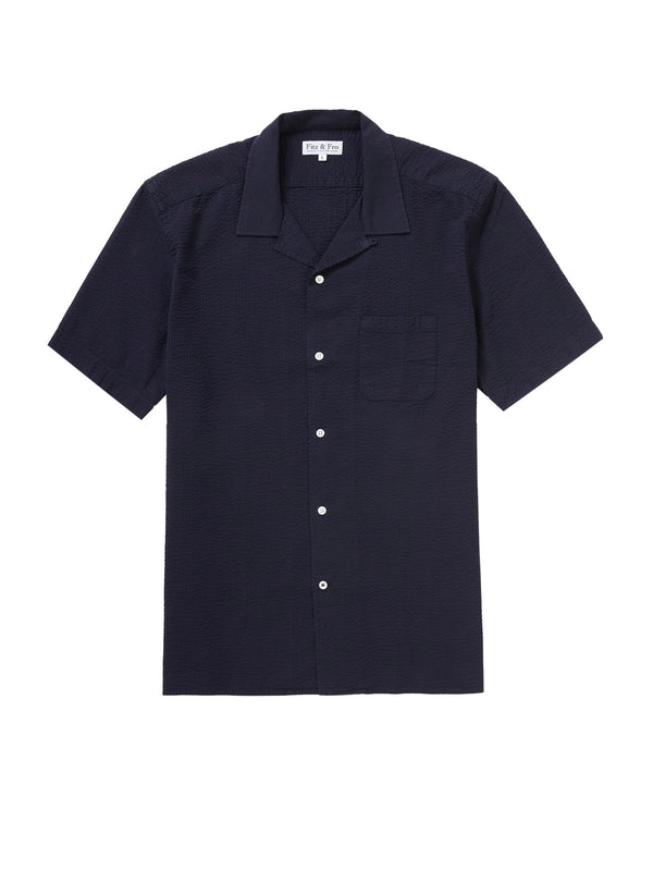 Seersucker Cuban Collar Shirt - Navy Blue