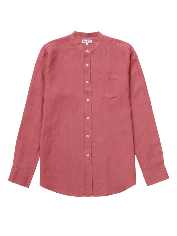100% Linen Collarless Shirt - Cassis