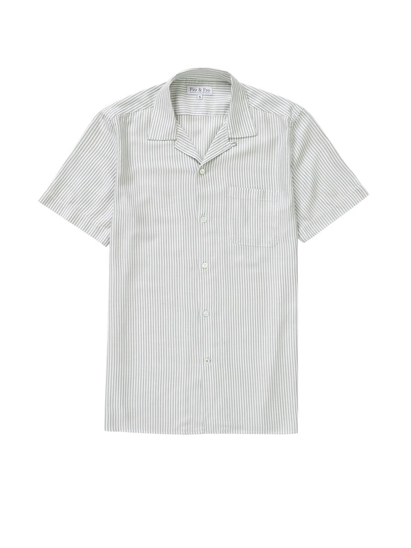 Tencel Cuban Collar Shirt - Green & White Stripe