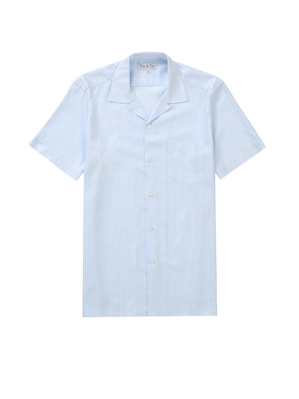 Tencel Cuban Collar Shirt - Blue & White Stripe