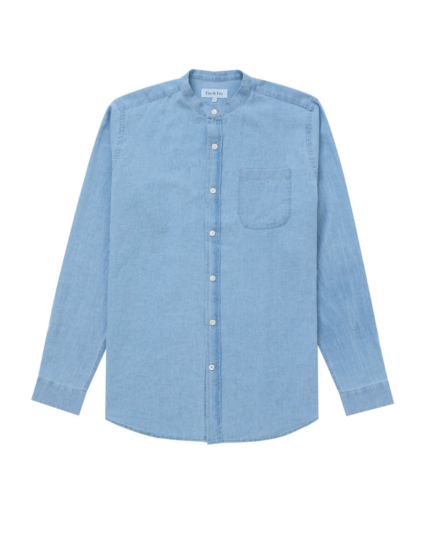 Denim/Linen Collarless Shirt - Blue Houndstooth