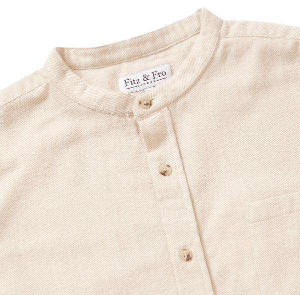 Brushed Organic Cotton Collarless Shirt - Ecru