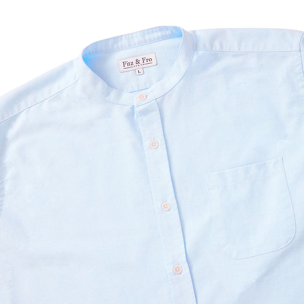 Organic Oxford Collarless Shirt - Light Blue