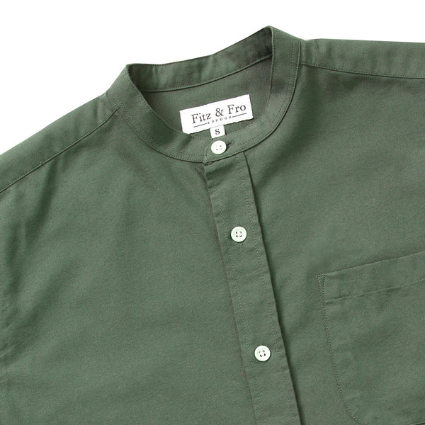 Organic Oxford Collarless Shirt - Dark Green