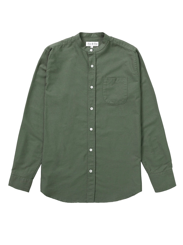 Organic Oxford Collarless Shirt - Dark Green