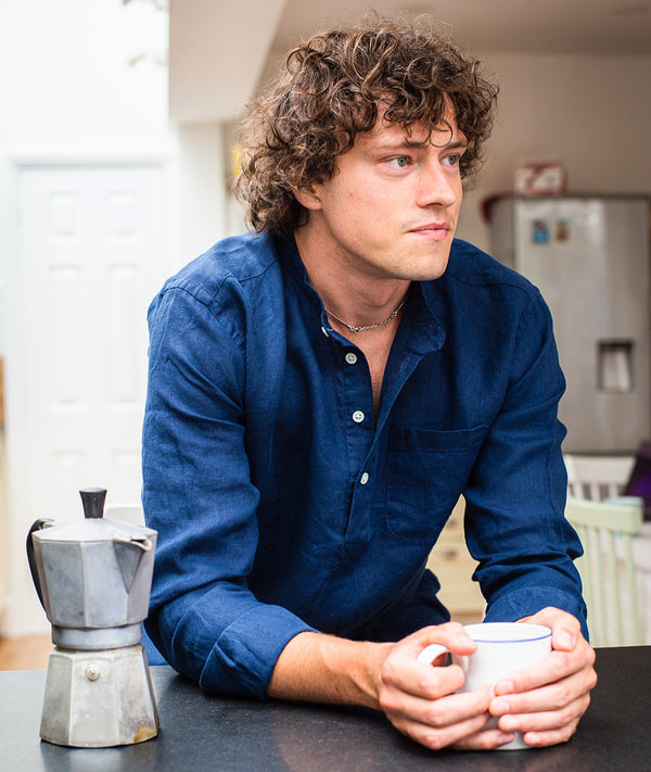 100% Linen Popover Shirt - Petrol Blue