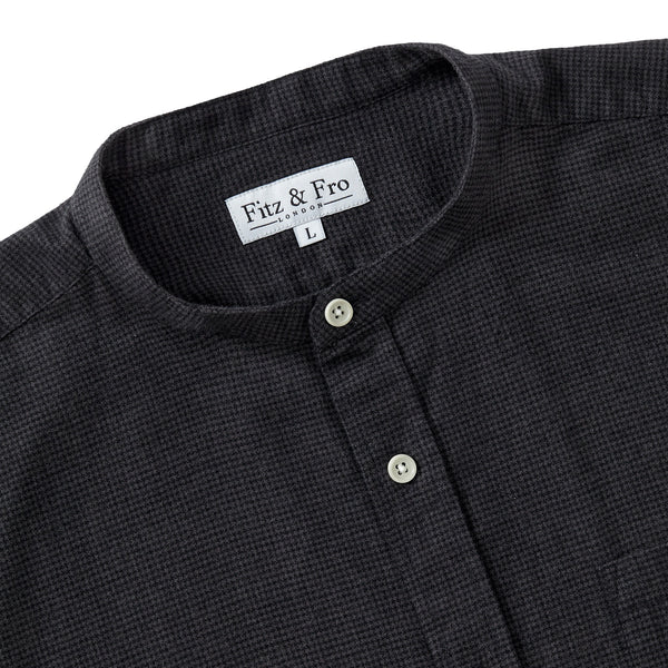 Brushed Cotton Collarless Shirt - Dark Grey Houndstooth