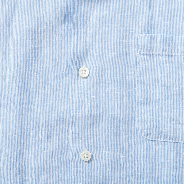 100% Linen Cuban Collar Shirt - Blue/White Stripe