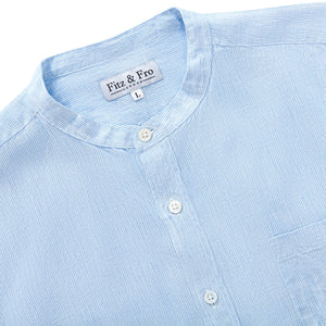100% Linen Collarless Shirt - Blue/White Stripe