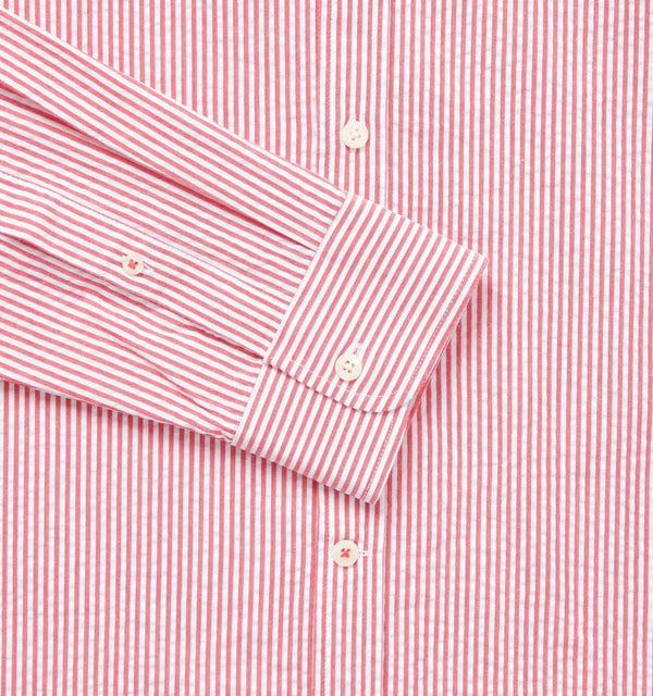 Men's Red & White Seersucker Collarless Shirt