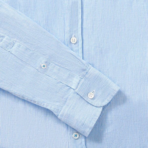 100% Linen Collarless Shirt - Blue/White Stripe