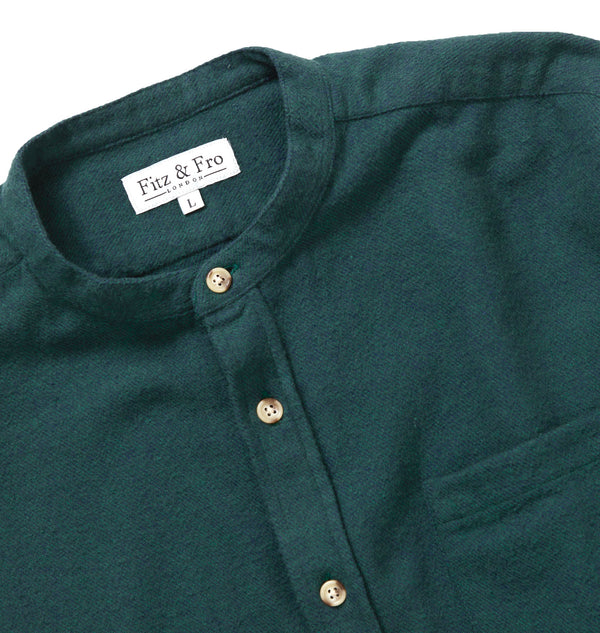 Brushed Organic Cotton Collarless Shirt - Dark Green