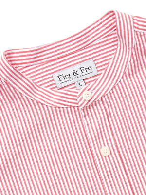 Men's Red & White Seersucker Collarless Shirt