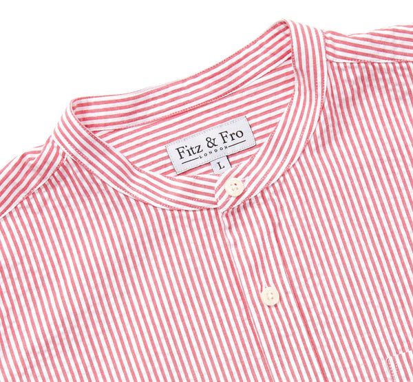 Men's Red & White Seersucker Collarless Shirt